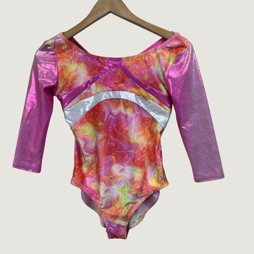 Capezio Dance Gymnastics Leotard XL Pink Marble Metallic 3/4 Sleeve Sparkle